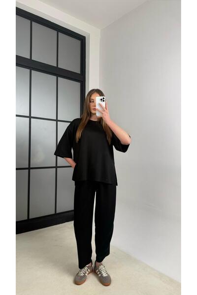Gaus Siyah Bluz Beli Lastikli Pantolon Modal Kumaş Basic Takım GAUS-01132