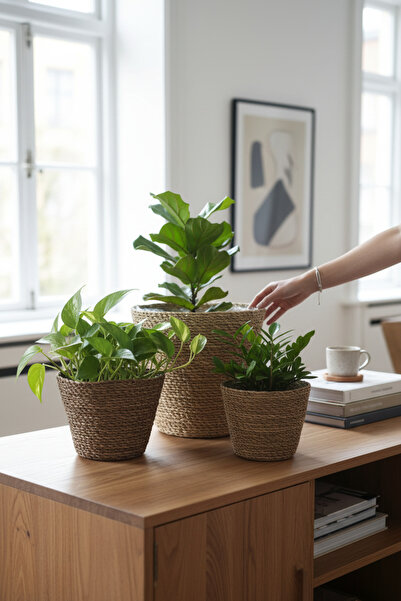 Akayev Nature Hasır 3lü Yuvarlak El Örmesi Saksı