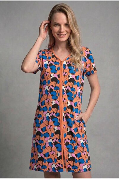 cotonhause Large Size Short Sleeve Zippered Cotton Piece Women's Home Dress C...