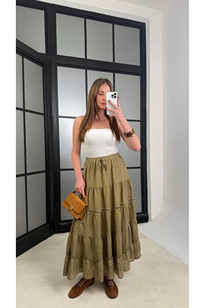 Gaus Yeşil Beli Lastikli Nakış Detaylı Astarlı Etek GAUS-01242
