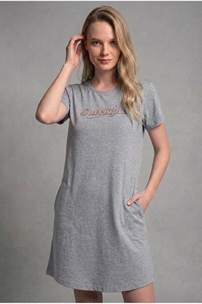 cotonhause Cămașă de noapte gri cu mânecă scurtă cu buzunare pentru femei C0T...