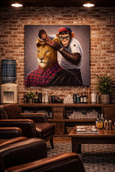 EvimeTablo Berber Konseptli Aslan ve Maymun Kanvas Tablo–Dekoratif Duvar Tabl...