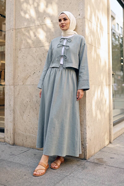 MODAQU Linen Lace-Up Skirt Blouse Top and Bottom Set - Gray