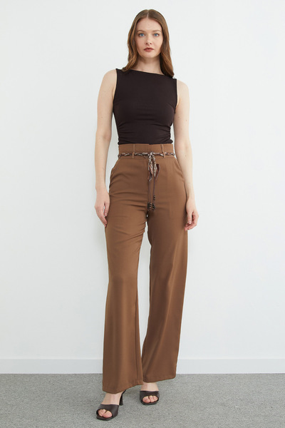 Fulla Moda High Waist Palazzo Trousers with Belt Detail