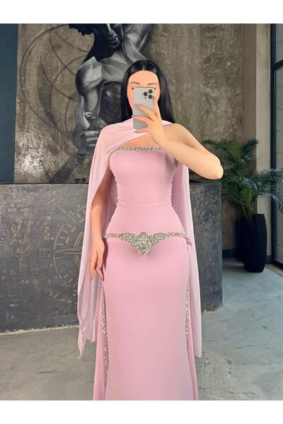 missswans Lenni Şal Aksesuarlı Taş İşlemeli Uzun Boy Abiye Pudra