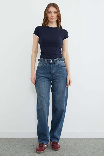 Fulla Moda Φαρδύ τζιν με αγκράφα στη μέση