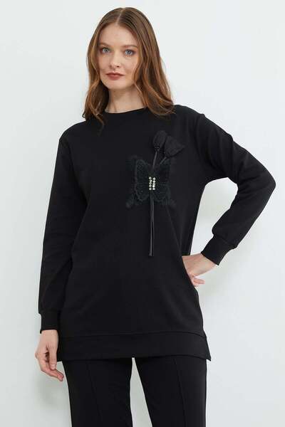 Fulla Moda Butterfly Embroidered Stoned Crew Neck Tunic