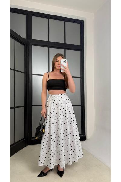 Gaus Beyaz Puantiye Desenli Premium Poplin Etek GAUS-01261