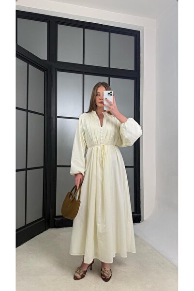 Gaus Soft Sarı Düğme Detaylı Kuşaklı Vual Kumaş Elbise GAUS-01263
