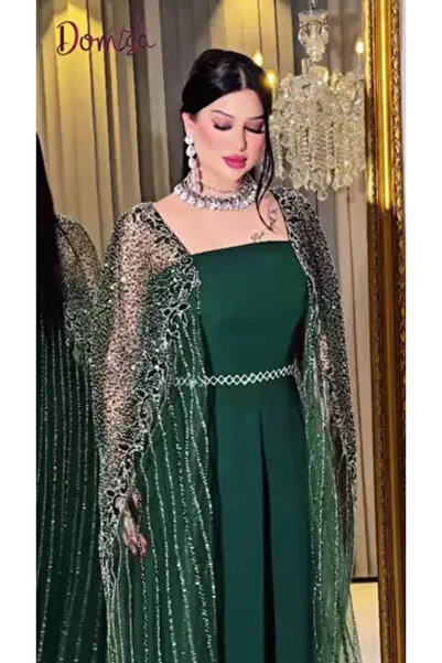 domiga Luxury Mint Chiffon Evening Dress with Embroidered Shiny Cape