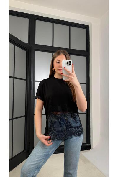 Gaus Siyah Dantel Detaylı Tshirt GAUS-01265