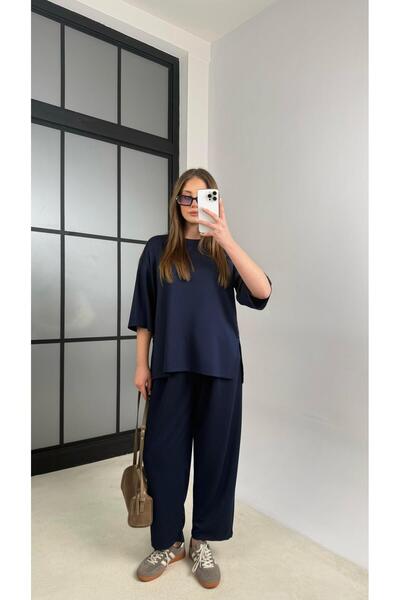 Gaus Lacivert Bluz Beli Lastikli Pantolon Modal Kumaş Basic Takım GAUS-01132