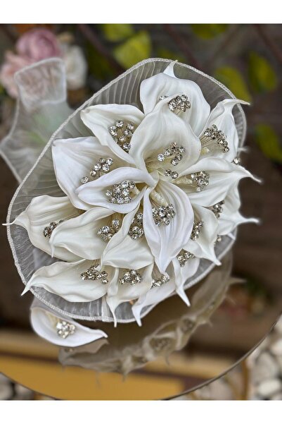 GÜRLEK TEKSTİL Yeni Sezon Taşlı Gala Çiçeği Plisel Tüllü Gelin Buketi Gelin Ç...