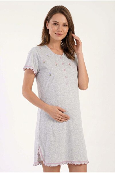 cotonhause Cămașă de noapte cu mânecă scurtă și detaliu brodat gri C1T0N1O503