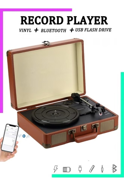 Generic Record Player Turntable With Built In BT Receiver 3 Speed Retro Suitc...