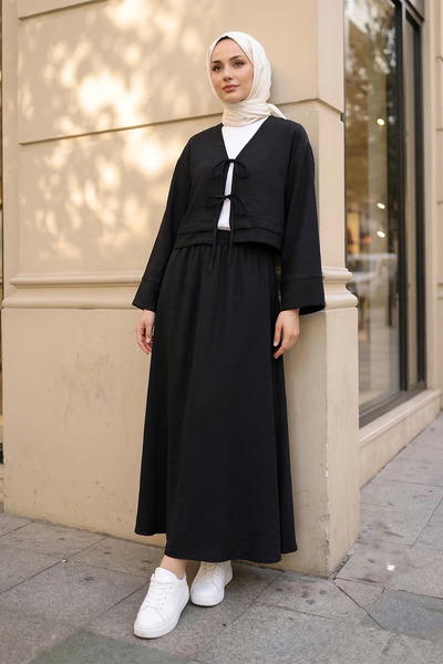 MODAQU Linen Lace-Up Skirt Blouse Top and Bottom Set - Black