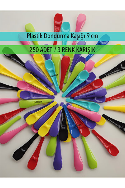 KONERPACK 250 قطعة - ملعقة آيس كريم بلاستيكية، 9 سم، 3 ألوان متنوعة