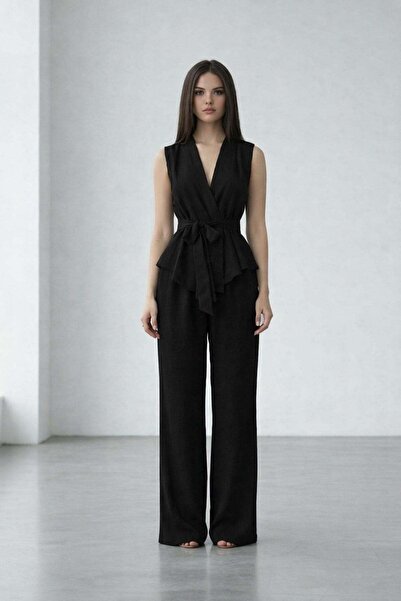 Trend Alaçatı Stili Kadın Siyah Yaka Bağlamalı Detaylı Bluz Ve Bol Paça Tense...