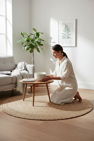 Akayev Nature Jüt Hasır Yuvarlak Natural Halı 90 Cm