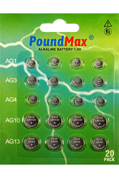 PoundMax 20 adet AG1,AG3,AG4,AG10,AG13 alkalin karışık pil