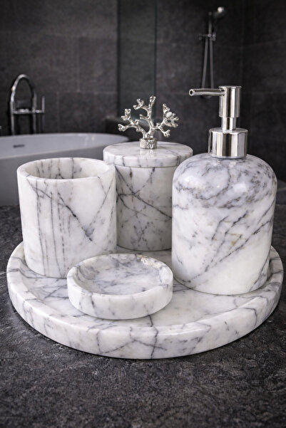 zekmar home stone Gray Veined Natural Stone 5 Piece Bathroom Set with Silver ...