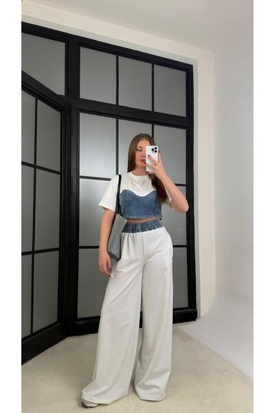 Gaus Beyaz Denim Detaylı Crop Beli Lastikli Pantolon Premium Takım GAUS-01273