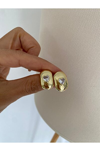 ATELİER TUĞBA Kp341 Heart-Detail Gold Plate Earrings (Length 20 mm)