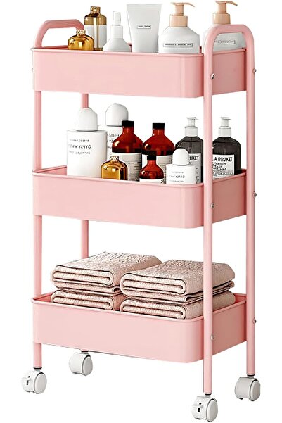 RENOVO Metal storage cart with three shelves, wheels, and 4 hooks from