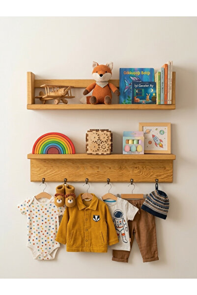 Tooall 2 Parça Doğal Ahşap Askılıklı Raf, Kitaplık Raf Eğitici Montessori Raf