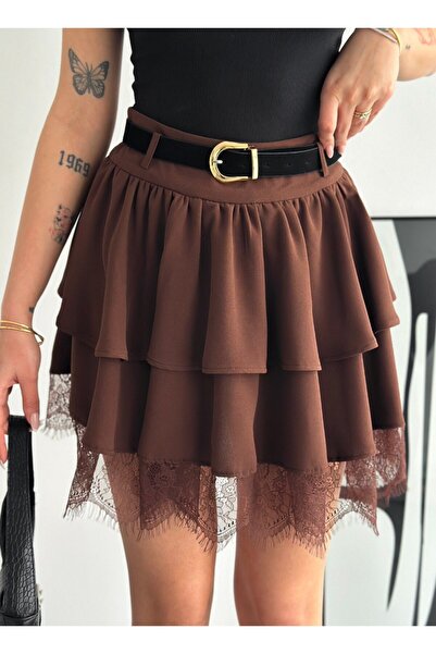 Gugus Women's Mini Length Tü Tulle a Lace Waisted Skirt with Belt Volants