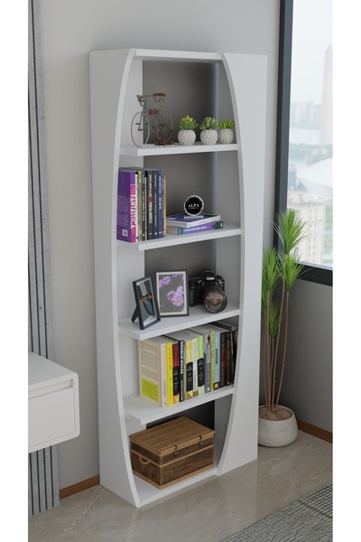 alpaevmobilya Kavisli İskandinav 150 cm 6 Raflı Kitaplık Salon Rafı | Ofis Do...