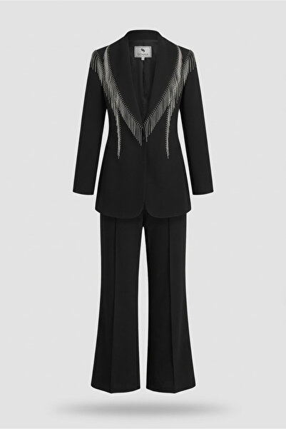 Senna Design Women's Stone Embellished Jacket and Pants Set - Black