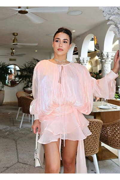 Bak Moda Padded Shoulders Jacquard Tulle Pink Dress