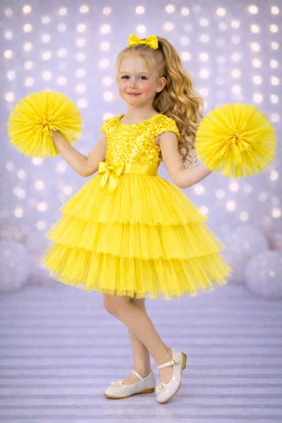 RUMİ KİDS Kız Çocuk Tokalı Ponpon Kollu Abiye Parti Doğumgünü Elbisesi Eteksiz