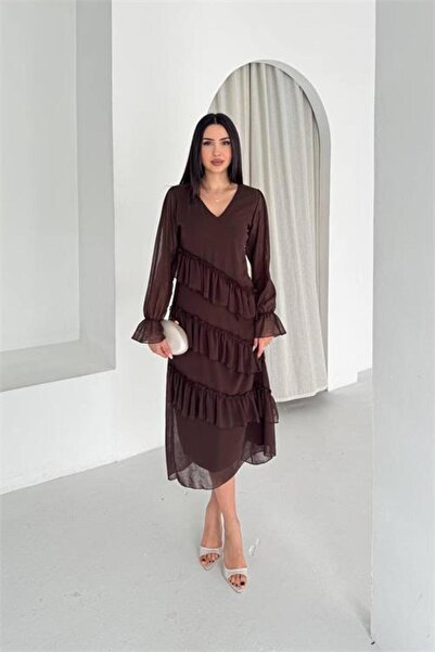 Neşeli Butik Women's Brown V-Neck Layered Ruffle Detail Midi Length Chiffon D...