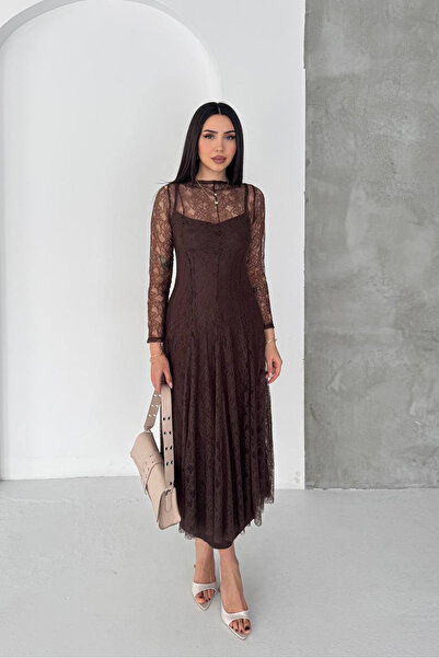 Neşeli Butik Women's Brown Midi Length Sheer Detailed Lined Lace Dress Nbk080