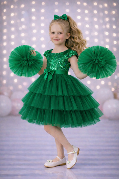 RUMİ KİDS Kız Çocuk Tokalı Ponpon Kollu Abiye Parti Doğumgünü Elbisesi Eteksiz