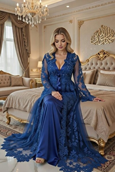 NAHAWAND Lüks Dantelli Gelin Sabahlığı - Şık Nakışlı Uzun Sabahlık ve Gecelik...