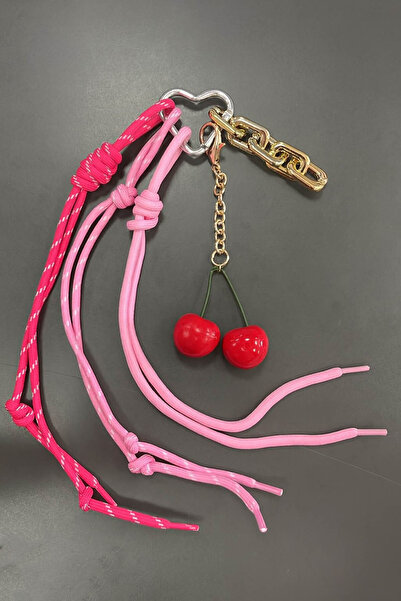 E MODA Modern Keychain with Cherry Figure and Pink Cord & Gold Chain Bag Orna...