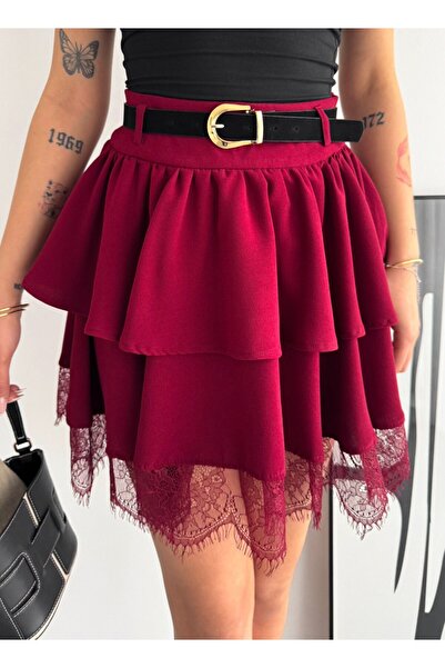 Gugus Women's Mini Length Tü Tulle a Lace Waisted Skirt with Belt Volants