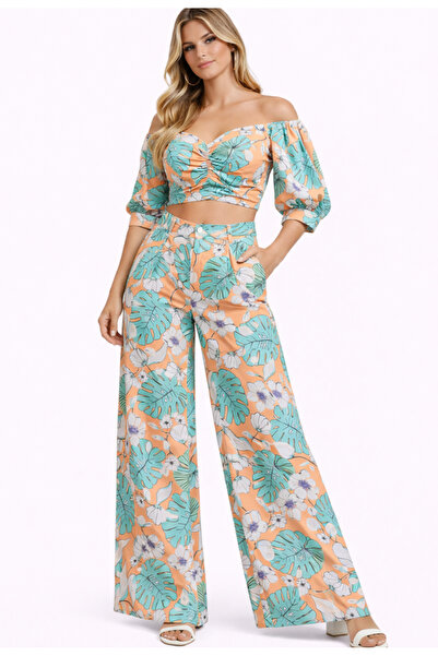 Nobrand Women's Floral Off-Shoulder Top and Tropical Print Flared Pants Set