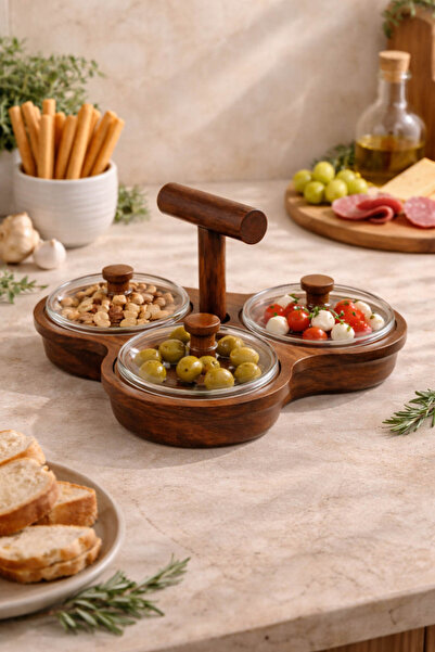 Anadolu Saray 3 Bölmeli Kapaklı Akasya Ahşap Sunumluk | Mika Kapaklı Kuruyemi...