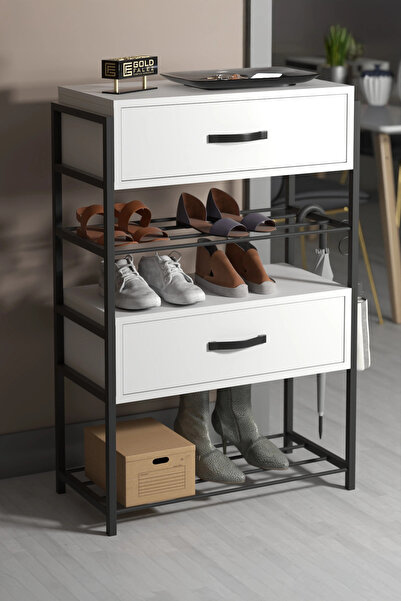 Kütür Kütür Ayakkabılık Ahşap 2 Kapaklı Metal Raflı 4 Katlı Çok Amaçlı Beyaz