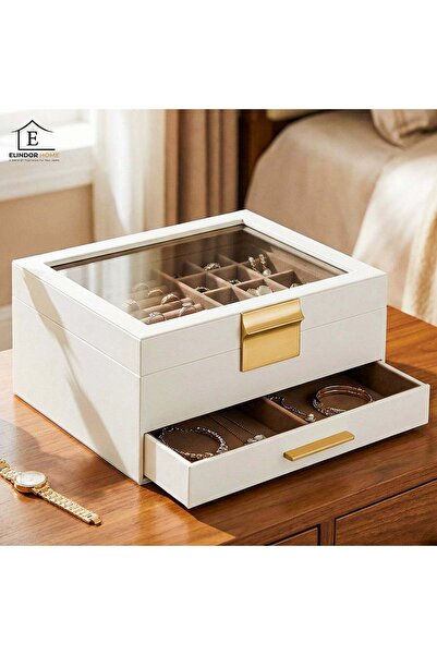 Elindor ®   Κοσμηματοθήκη με Καπάκι, Διώροφος Οργανωτής, 1 Συρτάρι, 22,3 x 23...