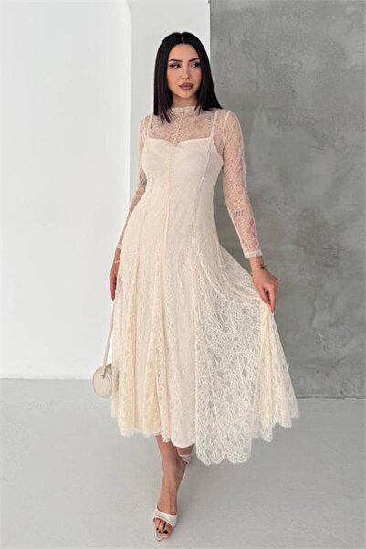 Neşeli Butik Women's Beige Midi Length Sheer Detailed Lined Lace Dress Nbk080