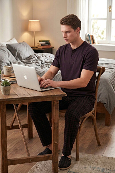 Buratti Cotton Pcs Regular Fit Checked Short Sleeve Pajama Set Men's Pajama S...