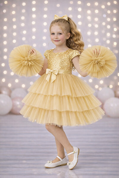 RUMİ KİDS Kız Çocuk Tokalı Ponpon Kollu Abiye Parti Doğumgünü Elbisesi Eteksiz