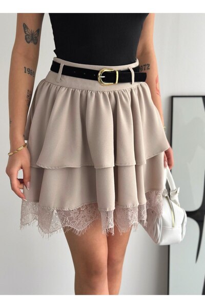 Gugus Women's Mini Length Tü Tulle a Lace Waisted Skirt with Belt Volants