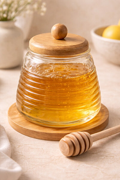 DİVAYS Natural Wooden Lid Glass Honey Jar – Stylish Honey Storage Container w...