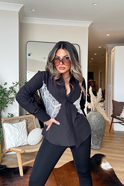 Sohotique By P Lace Detailed Poplin Shirt Black